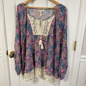 Matilda Jane NWT Women’s XXL Floral Sheer Lace Tassel Tie Tunic  Bohemian LS